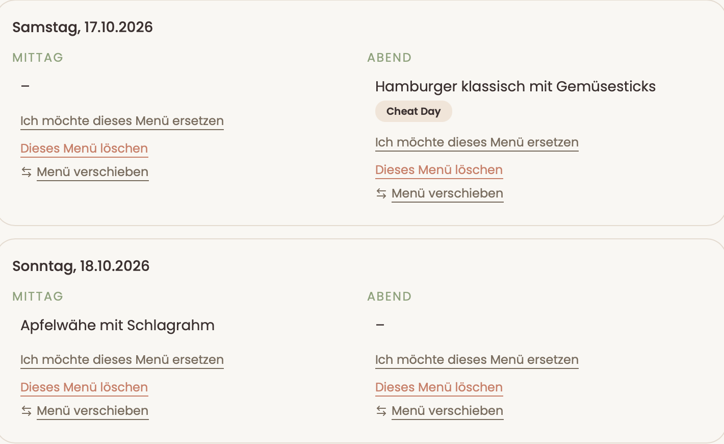 Chochichästli-Wochenübersicht mit Mittag- und Abendessen